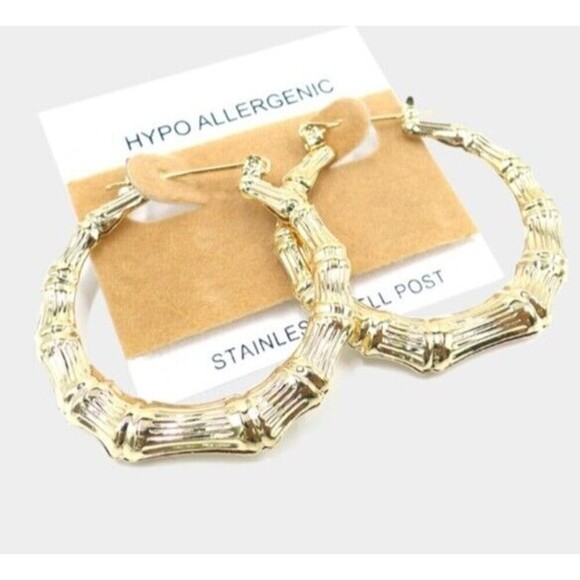 Unbranded Jewelry - Gold Bamboo Hoop Stainless Steel Hypoallergenic Earrings 1.5 Inch Pierced
